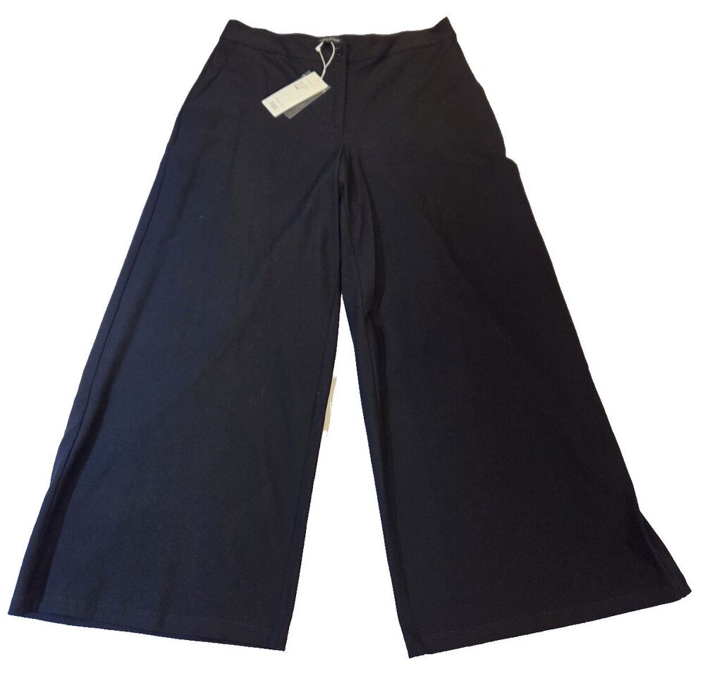 NWT Eileen Fisher Black Wide Leg Ankle Pants 10 Stretch Crepe Quiet Luxury